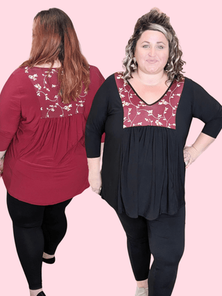Jordan Floral Inset 3/4 Sleeve Flowy Top (2 Colors)-SHORT SLEEVE TOPS-voll-Styled by Stacked - A Plus Size Women's Boutique in Lakeville, MN