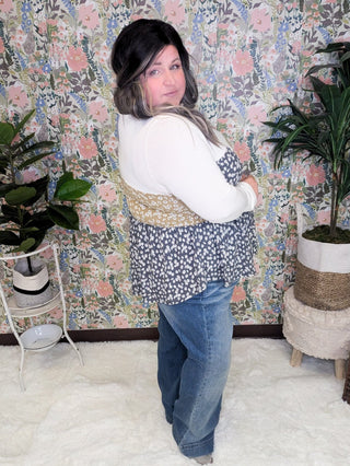 Josephine Floral Blocked Shaping Top-2- Long Sleeve Tops-BE STAGE-Styled by Stacked - A Plus Size Women's Boutique in Lakeville, MN