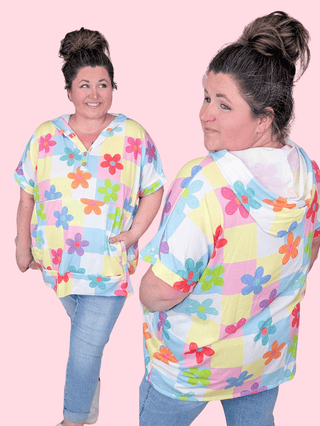 1- ShortSlv/Slvless Tops Journey Short Sleeve Hooded Top in Colorful Daisies plus size clothing