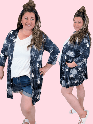 4- Overlayer Tops Joya 3/4 Sleeve Babydoll Cardigan in Black Stars plus size clothing