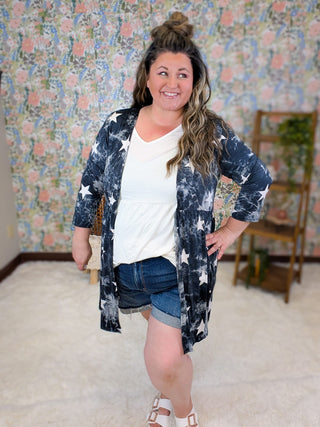 4- Overlayer Tops Joya 3/4 Sleeve Babydoll Cardigan in Black Stars plus size clothing