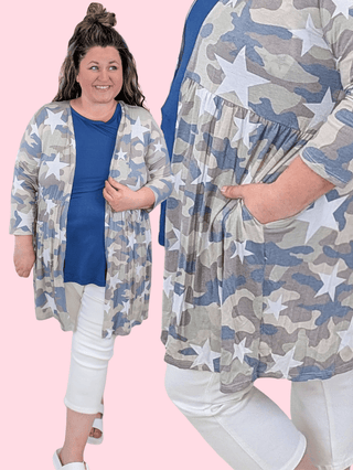 4- Overlayer Tops Joya 3/4 Sleeve Babydoll Cardigan in Neutral Camo *DOORBUSTER* plus size clothing