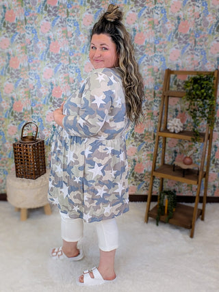 4- Overlayer Tops Joya 3/4 Sleeve Babydoll Cardigan in Neutral Camo *DOORBUSTER* plus size clothing