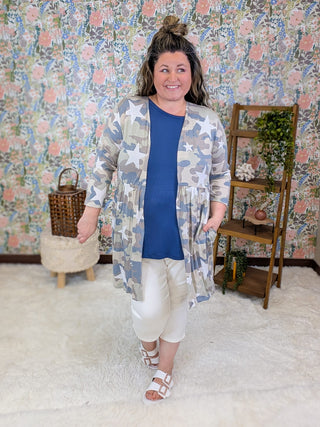 4- Overlayer Tops Joya 3/4 Sleeve Babydoll Cardigan in Neutral Camo *DOORBUSTER* plus size clothing