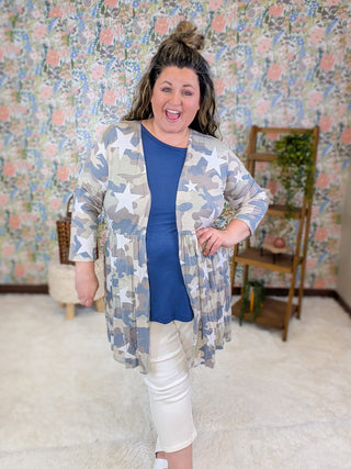 4- Overlayer Tops Joya 3/4 Sleeve Babydoll Cardigan in Neutral Camo *DOORBUSTER* plus size clothing