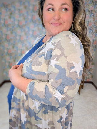 4- Overlayer Tops Joya 3/4 Sleeve Babydoll Cardigan in Neutral Camo *DOORBUSTER* plus size clothing