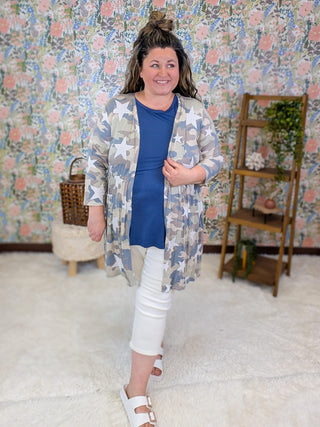 4- Overlayer Tops Joya 3/4 Sleeve Babydoll Cardigan in Neutral Camo *DOORBUSTER* plus size clothing
