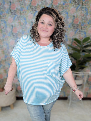 Joyce Boxy Short Sleeve Pocket Top in Aqua Stripes-1- ShortSlv/Slvless Tops-WHITE BIRCH-Styled by Stacked - A Plus Size Women's Boutique in Lakeville, MN