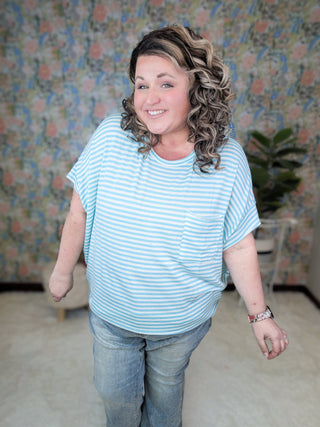 Joyce Boxy Short Sleeve Pocket Top in Aqua Stripes-1- ShortSlv/Slvless Tops-WHITE BIRCH-Styled by Stacked - A Plus Size Women's Boutique in Lakeville, MN