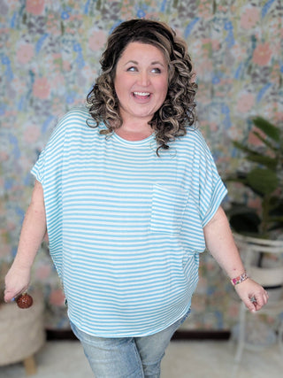 Joyce Boxy Short Sleeve Pocket Top in Aqua Stripes-1- ShortSlv/Slvless Tops-WHITE BIRCH-Styled by Stacked - A Plus Size Women's Boutique in Lakeville, MN