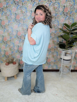 Joyce Boxy Short Sleeve Pocket Top in Aqua Stripes-1- ShortSlv/Slvless Tops-WHITE BIRCH-Styled by Stacked - A Plus Size Women's Boutique in Lakeville, MN