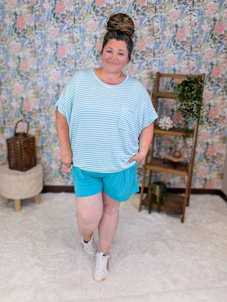 1- ShortSlv/Slvless Tops Joyce Boxy Short Sleeve Pocket Top in Aqua Stripes plus size clothing