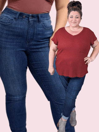 Judy Blue Adjustable Waist Darkwash Skinny-9- Bottoms Denim-Judy Blue-Styled by Stacked - A Plus Size Women's Boutique in Lakeville, MN