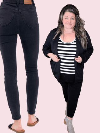 Judy Blue Black Shield Pocket Skinny Jeggings-9- Bottoms Denim-Judy Blue-Styled by Stacked - A Plus Size Women's Boutique in Lakeville, MN