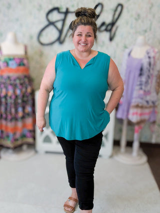 Farryn Slit Neck Tank w/Side Slits in Jewel Teal-1- ShortSlv/Slvless Tops-WHITE BIRCH-Styled by Stacked - A Plus Size Women's Boutique in Lakeville, MN
