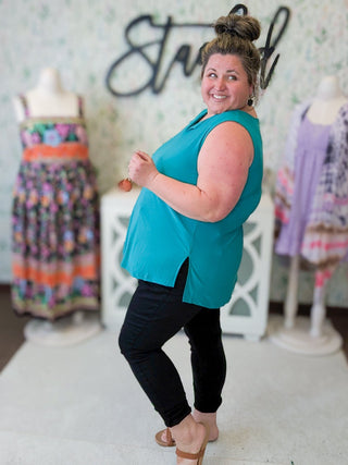 Farryn Slit Neck Tank w/Side Slits in Jewel Teal-1- ShortSlv/Slvless Tops-WHITE BIRCH-Styled by Stacked - A Plus Size Women's Boutique in Lakeville, MN