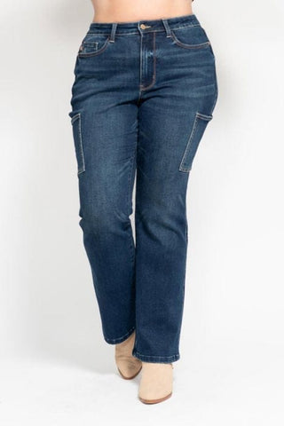 Judy Blue Cargo Pocket Darkwash Bootcut Jeans-9- Bottoms Denim-Judy Blue-Styled by Stacked - A Plus Size Women's Boutique in Lakeville, MN