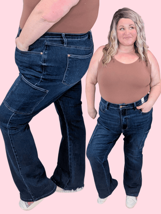 Judy Blue Cargo Pocket Darkwash Bootcut Jeans-9- Bottoms Denim-Judy Blue-Styled by Stacked - A Plus Size Women's Boutique in Lakeville, MN
