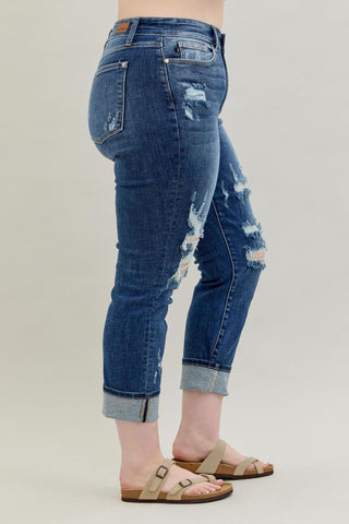Judy Blue Cuffed Distressed Boyfriend Jeans-9- Bottoms Denim-Judy Blue-Styled by Stacked - A Plus Size Women's Boutique in Lakeville, MN
