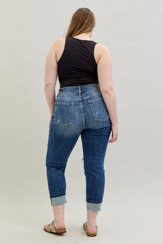 Judy Blue Cuffed Distressed Boyfriend Jeans-9- Bottoms Denim-Judy Blue-Styled by Stacked - A Plus Size Women's Boutique in Lakeville, MN