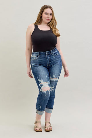 Judy Blue Cuffed Distressed Boyfriend Jeans-9- Bottoms Denim-Judy Blue-Styled by Stacked - A Plus Size Women's Boutique in Lakeville, MN