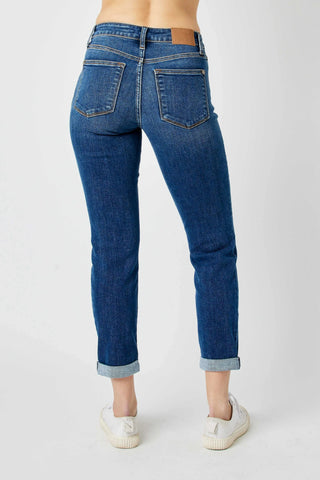 Judy Blue Darkwash Distressed Cuff Slim Fit Jeans-9- Bottoms Denim-Judy Blue-Styled by Stacked - A Plus Size Women's Boutique in Lakeville, MN