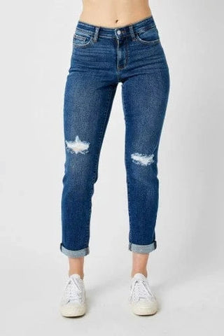 Judy Blue Darkwash Distressed Cuff Slim Fit Jeans-9- Bottoms Denim-Judy Blue-Styled by Stacked - A Plus Size Women's Boutique in Lakeville, MN