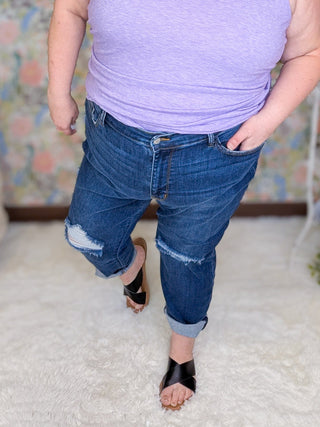 Judy Blue Darkwash Distressed Cuff Slim Fit Jeans-9- Bottoms Denim-Judy Blue-Styled by Stacked - A Plus Size Women's Boutique in Lakeville, MN