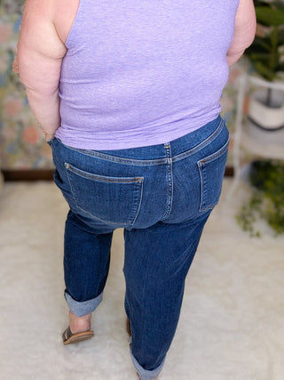 Judy Blue Darkwash Distressed Cuff Slim Fit Jeans-9- Bottoms Denim-Judy Blue-Styled by Stacked - A Plus Size Women's Boutique in Lakeville, MN