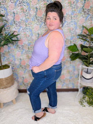Judy Blue Darkwash Distressed Cuff Slim Fit Jeans-9- Bottoms Denim-Judy Blue-Styled by Stacked - A Plus Size Women's Boutique in Lakeville, MN
