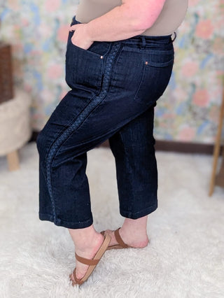 9- Bottoms Denim Judy Blue Darkwash Wide Crop w/Braid Detail plus size clothing