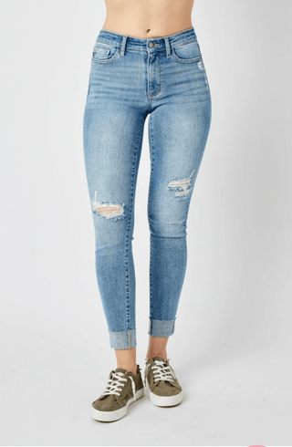 Judy Blue Distressed Cuffed Lightwash Skinny-9- Bottoms Denim-Judy Blue-Styled by Stacked - A Plus Size Women's Boutique in Lakeville, MN