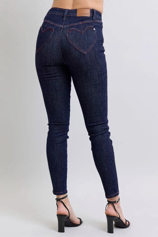 Judy Blue Dark Wash Skinny Jeans w/Heart Pocket-9- Bottoms Denim-Judy Blue-Styled by Stacked - A Plus Size Women's Boutique in Lakeville, MN