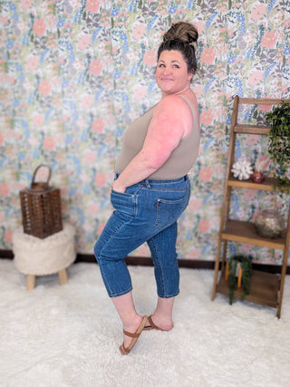 9- Bottoms Denim Judy Blue Medium Wash Embroidered Pocket Capri plus size clothing