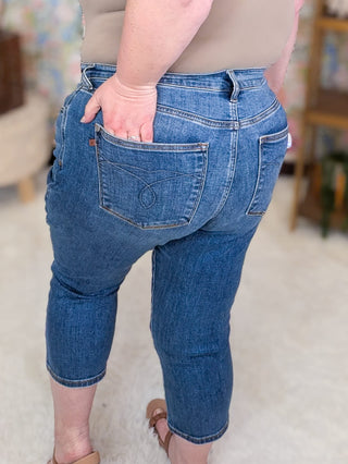 9- Bottoms Denim Judy Blue Medium Wash Embroidered Pocket Capri plus size clothing