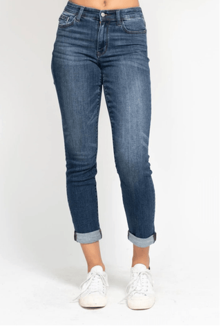Judy Blue Non-Distressed Cuffed Slim Straight-9- Bottoms Denim-Judy Blue-Styled by Stacked - A Plus Size Women's Boutique in Lakeville, MN