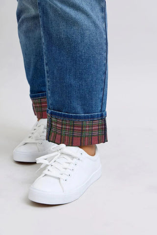 Judy Blue Plaid Cuff Boyfriend Jeans-9- Bottoms Denim-Judy Blue-Styled by Stacked - A Plus Size Women's Boutique in Lakeville, MN
