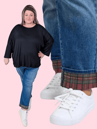 Judy Blue Plaid Cuff Boyfriend Jeans-9- Bottoms Denim-Judy Blue-Styled by Stacked - A Plus Size Women's Boutique in Lakeville, MN