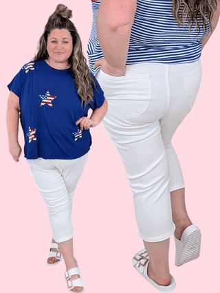 9- Bottoms Denim Judy Blue Shield Pocket Tummy Control Capri in White plus size clothing