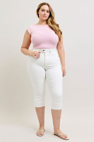 9- Bottoms Denim Judy Blue Shield Pocket Tummy Control Capri in White plus size clothing