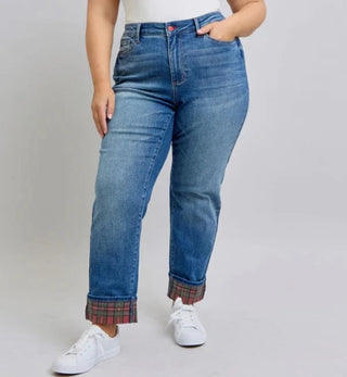 Judy Blue Plaid Cuff Boyfriend Jeans-9- Bottoms Denim-Judy Blue-Styled by Stacked - A Plus Size Women's Boutique in Lakeville, MN