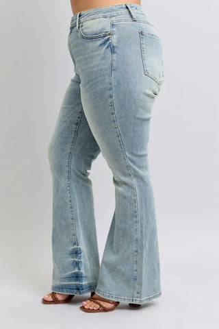 Judy Blue Vintage Wash Pin Tack Flares-9- Bottoms Denim-Judy Blue-Styled by Stacked - A Plus Size Women's Boutique in Lakeville, MN