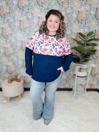 Amy Triple Stretch Pullover in Navy + Painted Floral-2- Long Sleeve Tops-MICHELLE MAE-Styled by Stacked - A Plus Size Women's Boutique in Lakeville, MN
