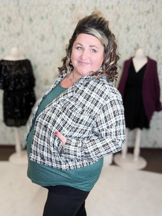 SALE- Julia Tweed Cropped Peacoat Blazer w/Shimmer-4- Overlayer Tops-KORI-Styled by Stacked - A Plus Size Women's Boutique in Lakeville, MN