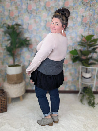 Julia Vneck Tiered Long Sleeve Colorblock Top (2 Colors)-2- Long Sleeve Tops-HEIMISH-Styled by Stacked - A Plus Size Women's Boutique in Lakeville, MN