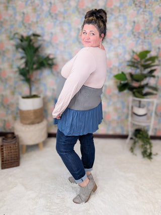 Julia Vneck Tiered Long Sleeve Colorblock Top (2 Colors)-2- Long Sleeve Tops-HEIMISH-Styled by Stacked - A Plus Size Women's Boutique in Lakeville, MN