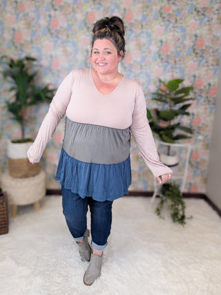 Julia Vneck Tiered Long Sleeve Colorblock Top (2 Colors)-2- Long Sleeve Tops-HEIMISH-Styled by Stacked - A Plus Size Women's Boutique in Lakeville, MN