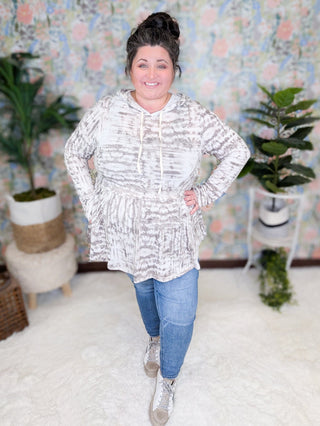 Julie Abstract TieDye Babydoll Hoodie in Taupe Gray-2- Long Sleeve Tops-BE STAGE-Styled by Stacked - A Plus Size Women's Boutique in Lakeville, MN
