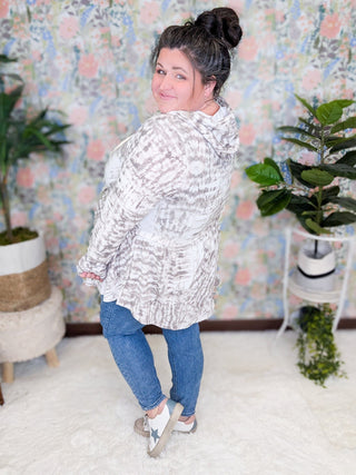 Julie Abstract TieDye Babydoll Hoodie in Taupe Gray-2- Long Sleeve Tops-BE STAGE-Styled by Stacked - A Plus Size Women's Boutique in Lakeville, MN