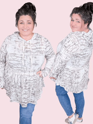 Julie Abstract TieDye Babydoll Hoodie in Taupe Gray-2- Long Sleeve Tops-BE STAGE-Styled by Stacked - A Plus Size Women's Boutique in Lakeville, MN